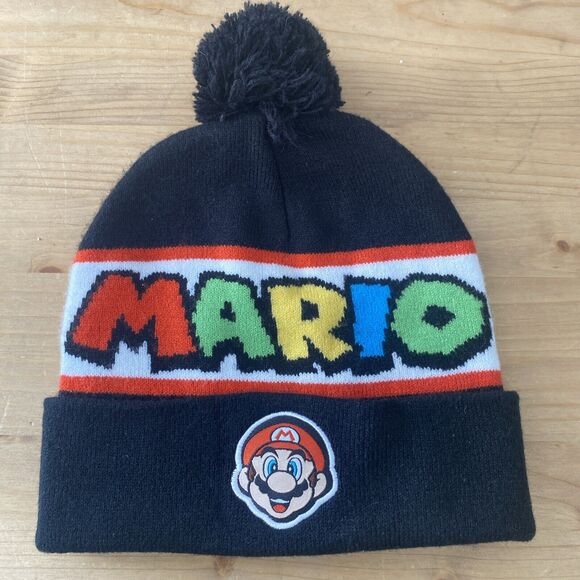 Nintendo Super Mario Beanie Black Knit Hat w Embroidered Logo & Pom Sz L/XL - Picture 6 of 10